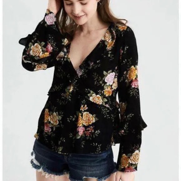 American Eagle Outfitters Tops - American Eagle | Black Floral Print Ruffle Bell Sleeve Popover V Neck Top Medium